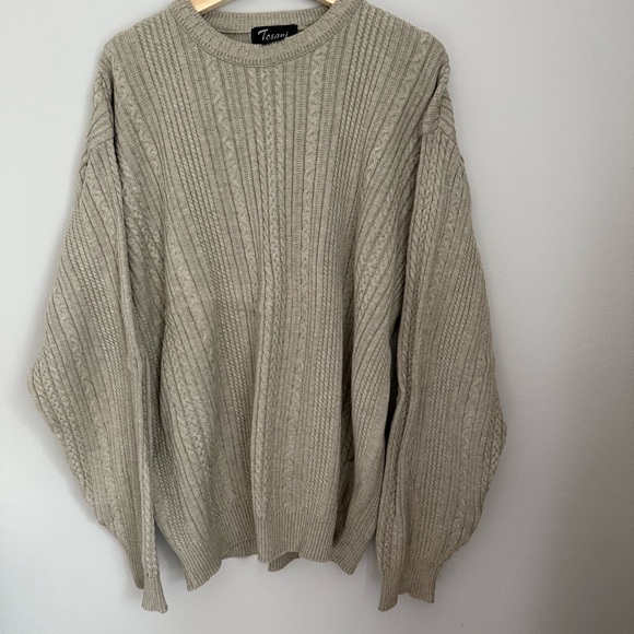 Tosani Cable Knit Crew Neck Sweater Tan/Taupe EUC Cotton XL - Picture 1 of 12